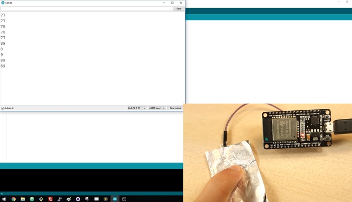 Демонстрация сенсорных пинов ESP32 с Arduino IDE - касание алюминиевой фольги