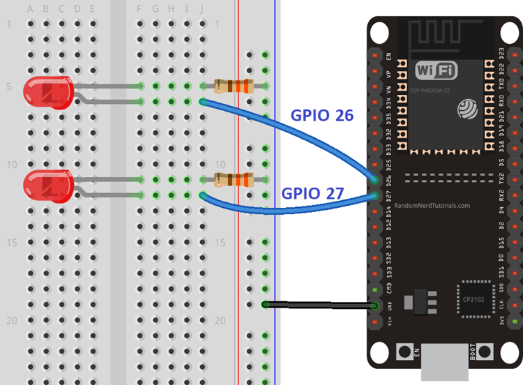 ESP32 подключён к двум светодиодам