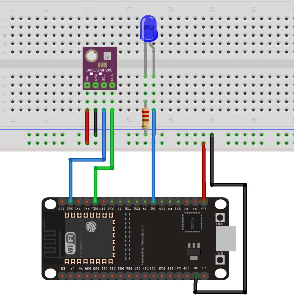 Схема подключения ESP32 со светодиодом и BME280
