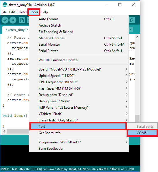 Загрузка кода в ESP8266 NodeMCU выбор порта