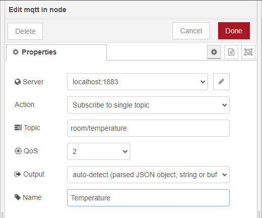 Node-RED подписка на топик температуры