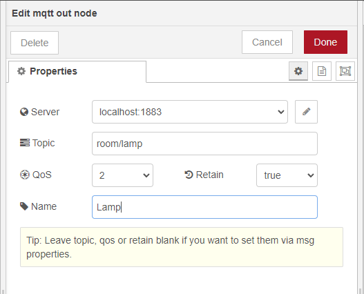 Узел MQTT Out