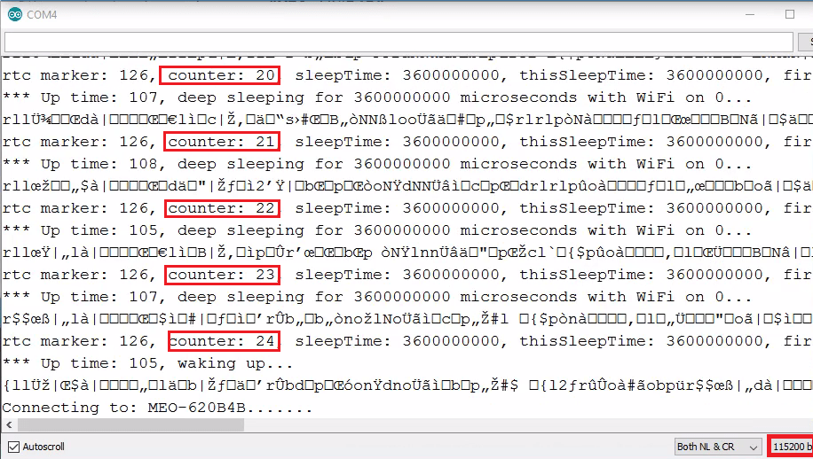 Серийный монитор Arduino IDE с показаниями ESP8266