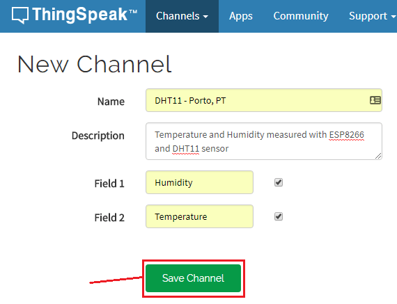 Сохранение нового канала на ThingSpeak
