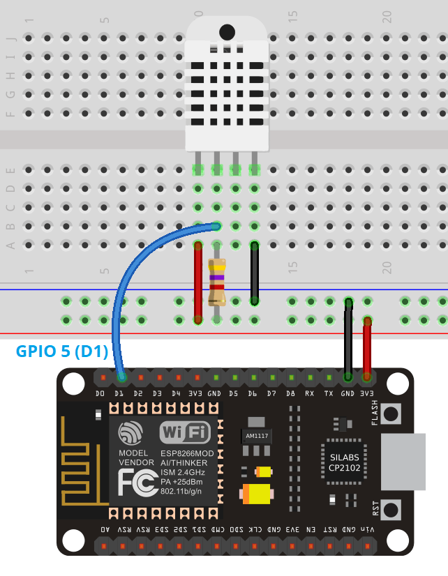 Схема подключения ESP8266 NodeMCU с датчиком DHT для веб-сервера в режиме точки доступа