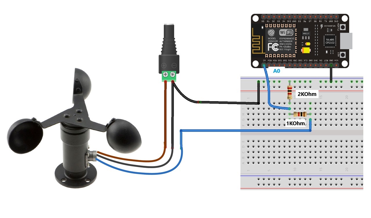 Схема подключения ESP8266 с датчиком ветра (анемометром)