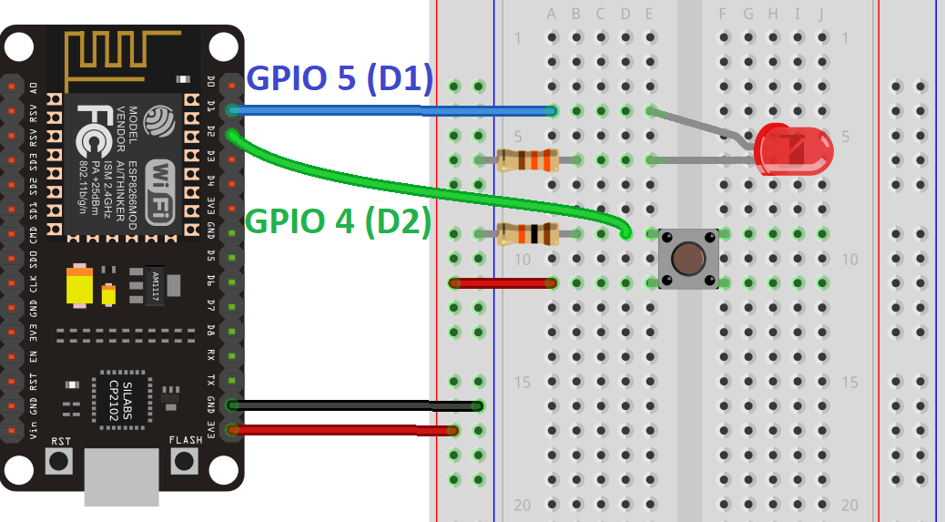 Схема подключения ESP8266 NodeMCU цифровой вход и цифровой выход светодиод кнопка
