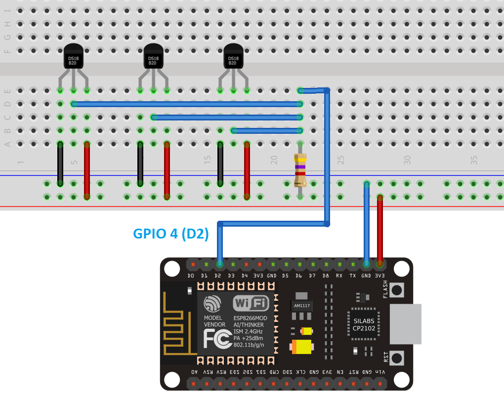 ESP8266 несколько DS18B20 схема подключения