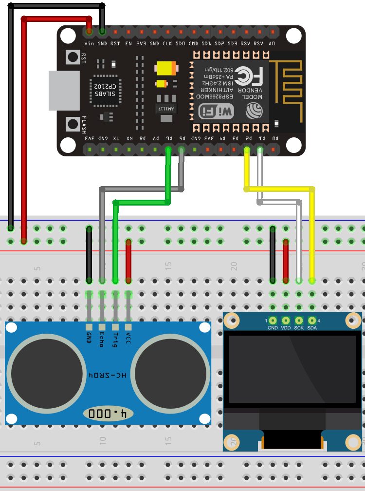 Схема подключения ESP8266 NodeMCU, ультразвукового датчика и I2C OLED-дисплея