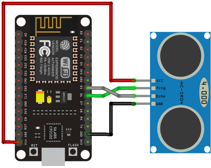 Схема подключения ESP8266 NodeMCU и ультразвукового датчика HC-SR04