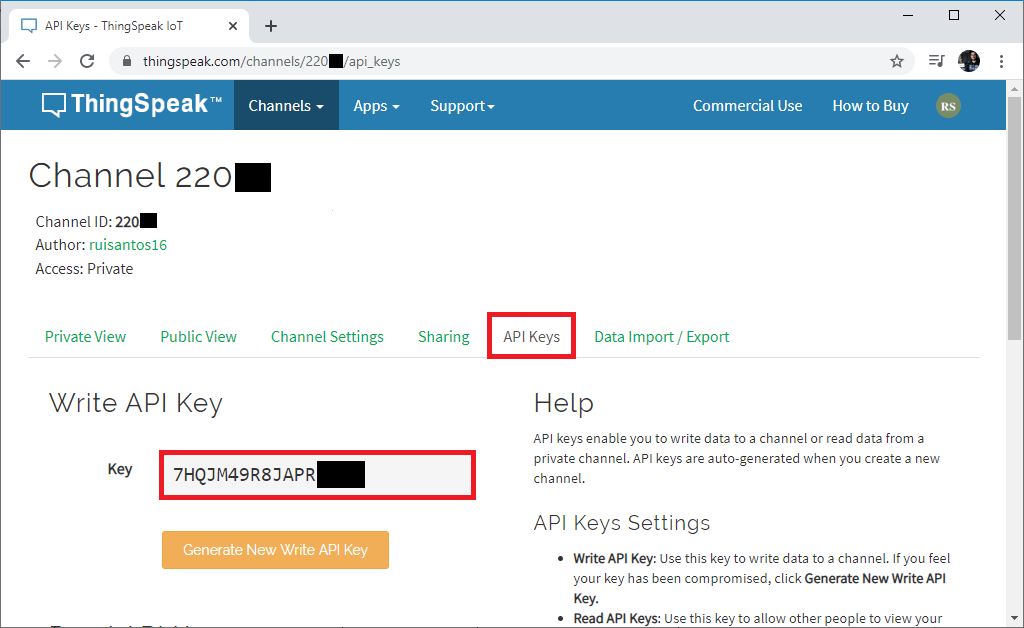 ESP32 ESP8266 NodeMCU ThingSpeak просмотр API Key Write Copy