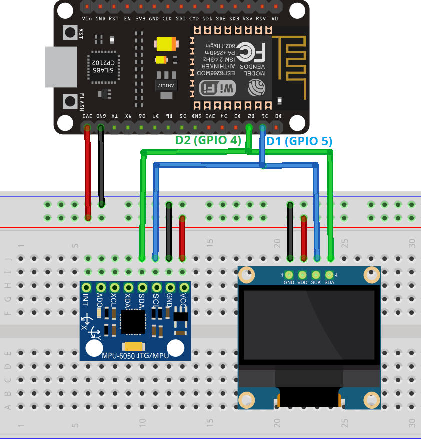 Схема подключения ESP8266 NodeMCU с MPU6050 и OLED-дисплеем