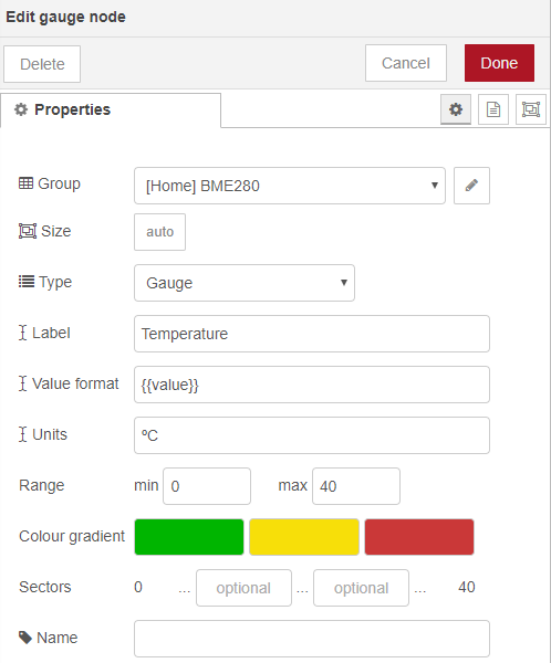 ESP8266 NodeMCU Gauge температура Node-RED Flow