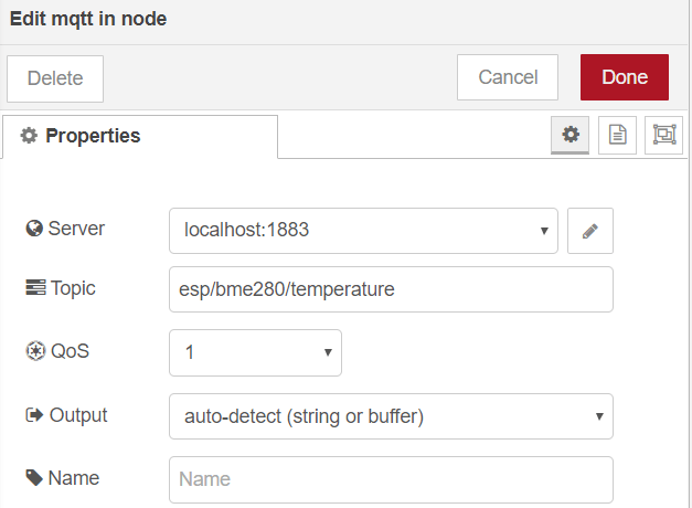 Свойства узла MQTT In для ESP8266 публикация температуры Node-RED Flow