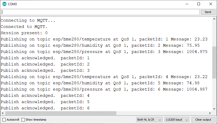 ESP8266 NodeMCU публикация показаний BME280 MQTT Serial Monitor