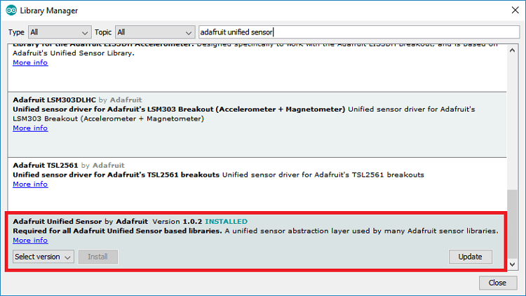 Установка библиотеки Adafruit Unified Sensor Driver