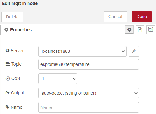Редактирование узла mqtt in ESP32 ESP8266 Node-RED BME680
