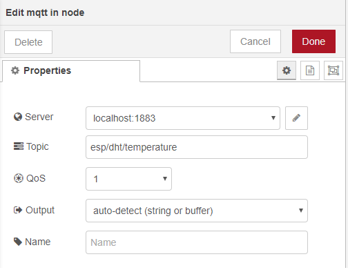 Настройка узла MQTT In для ESP8266 публикации температуры и влажности Node-RED