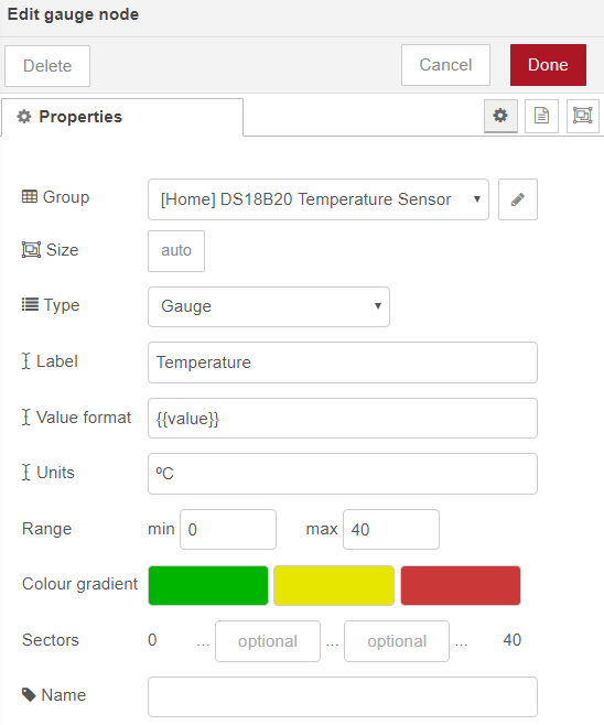 Узел Gauge ESP32 публикация температуры Node-RED Flow