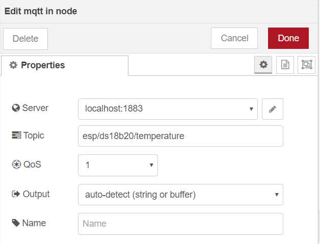 MQTT In узел ESP8266 публикация температуры Node-RED Flow