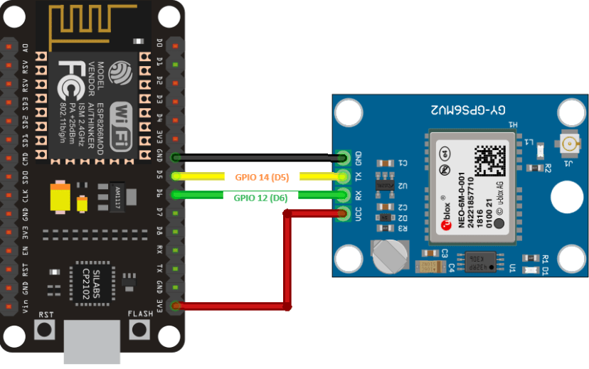 Схема подключения GPS-модуля NEO-6M к ESP8266 NodeMCU
