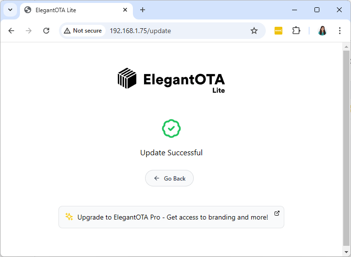 ESP8266 ElegantOTA успешная загрузка новой прошивки