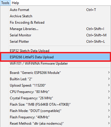 Загрузка данных ESP8266 LittleFS в Arduino IDE