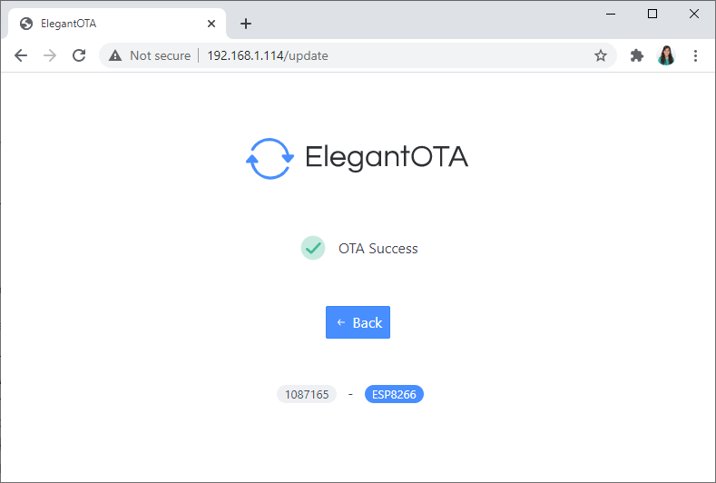 ESP8266 NodeMCU загрузка новой прошивки через Elegant OTA успешно