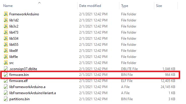 Расположение файла firmware.bin в VS Code PlatformIO