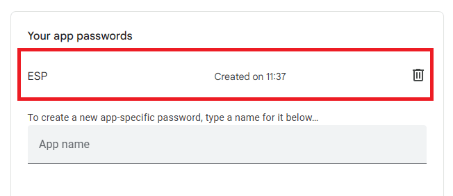 Пароль приложения Gmail создан для отправки email с ESP32