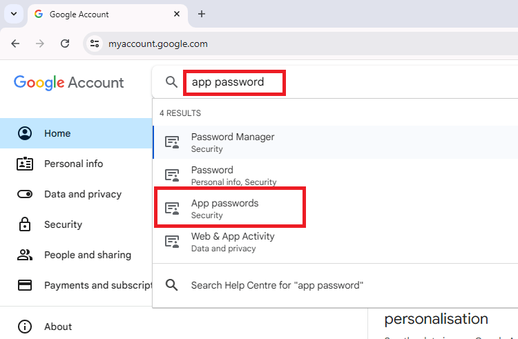 Аккаунт Google — создание пароля приложения для отправки email с ESP32