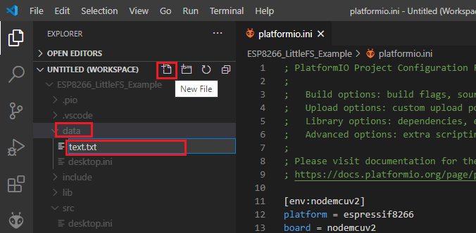 Создание файлов в папке data VS Code с PlatformIO ESP8266