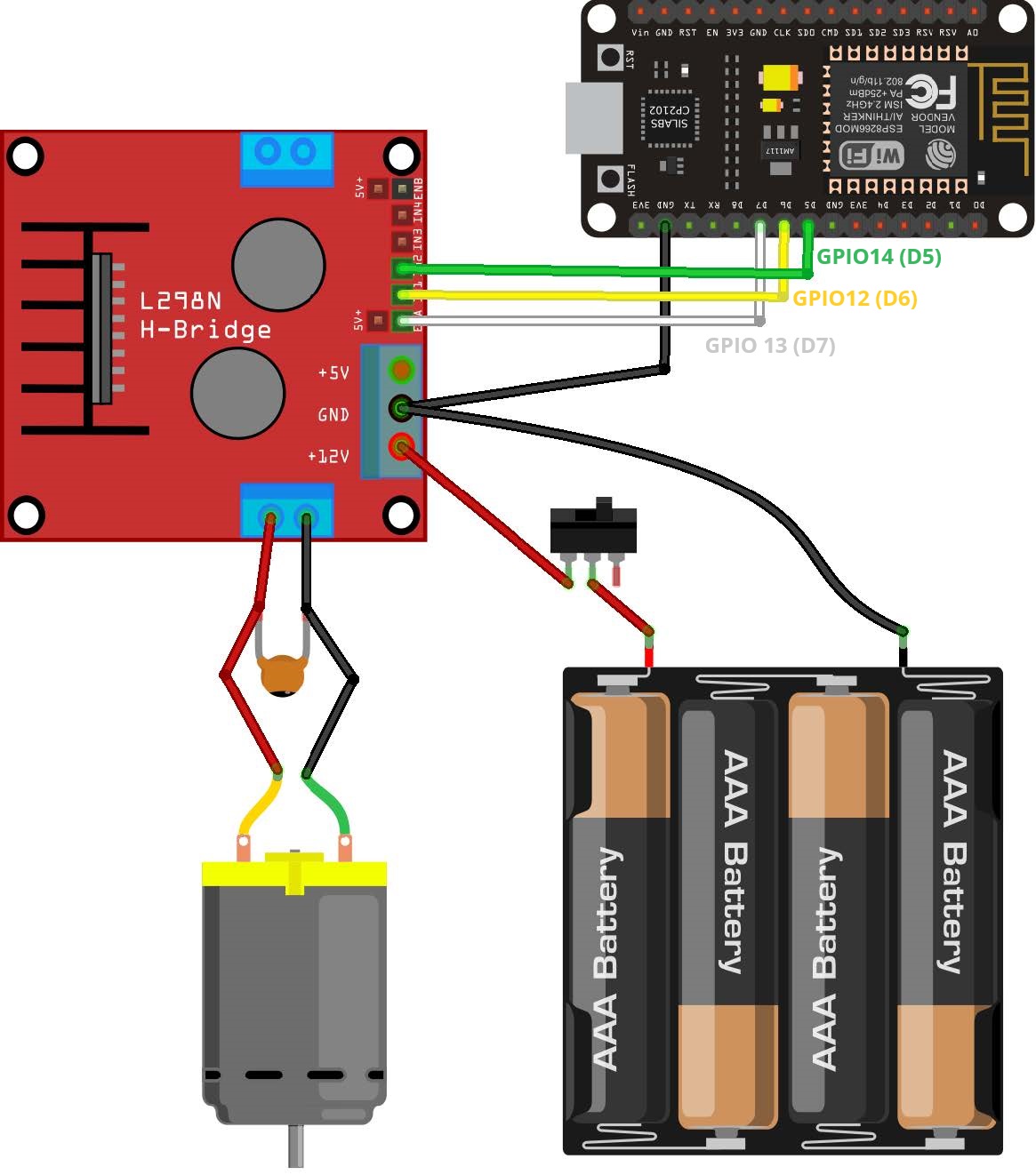 Схема подключения ESP8266 к DC-мотору и драйверу L298N