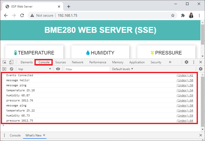 Server-Sent Events консоль браузера ESP8266 NodeMCU веб-сервер демонстрация