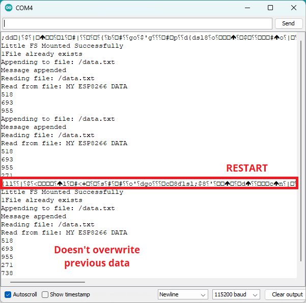 ESP8266 сохранение данных в файл LittleFS пример монитор последовательного порта предотвращение перезаписи
