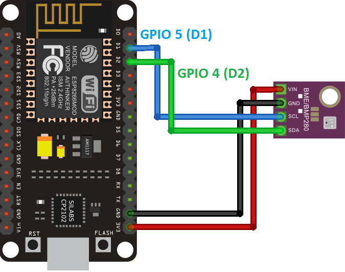 Схема подключения ESP8266 NodeMCU и датчика BME280 — температура, влажность, давление