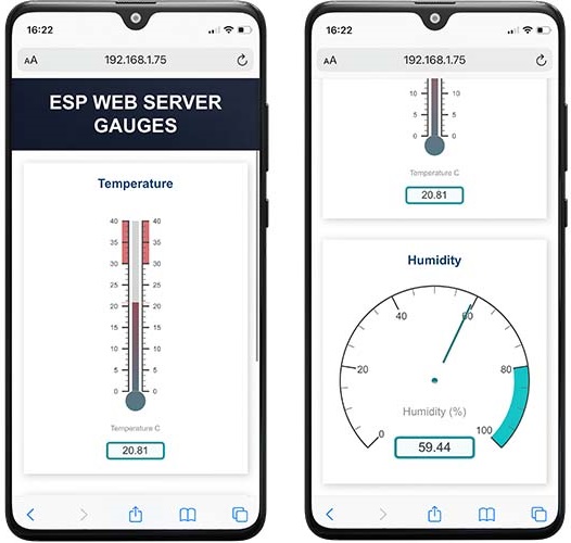 Демонстрация веб-сервера с шкалами Gauges на смартфоне