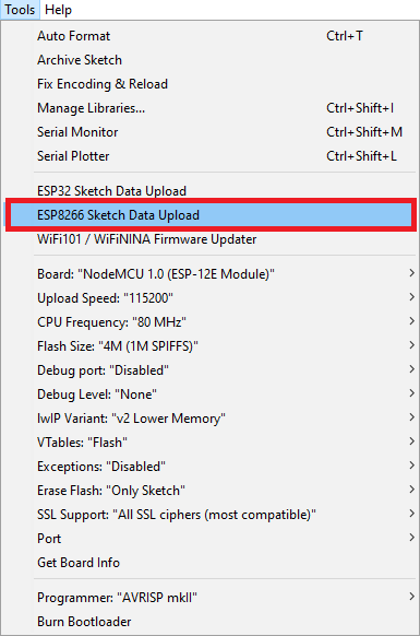Загрузка файлов в ESP8266 NodeMCU SPIFFS ESP8266 Sketch Data Upload