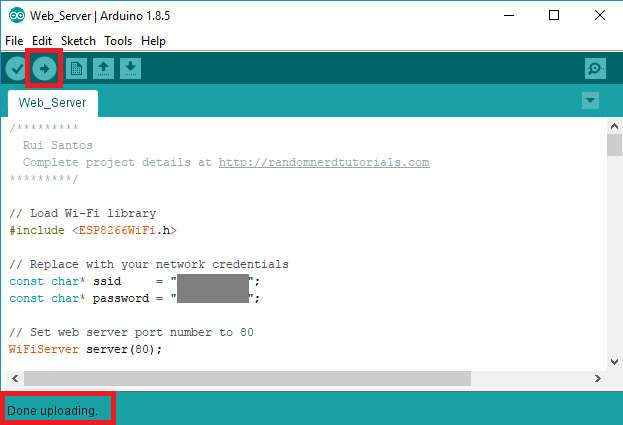 Загрузка кода веб-сервера в Arduino IDE ESP8266 NodeMCU