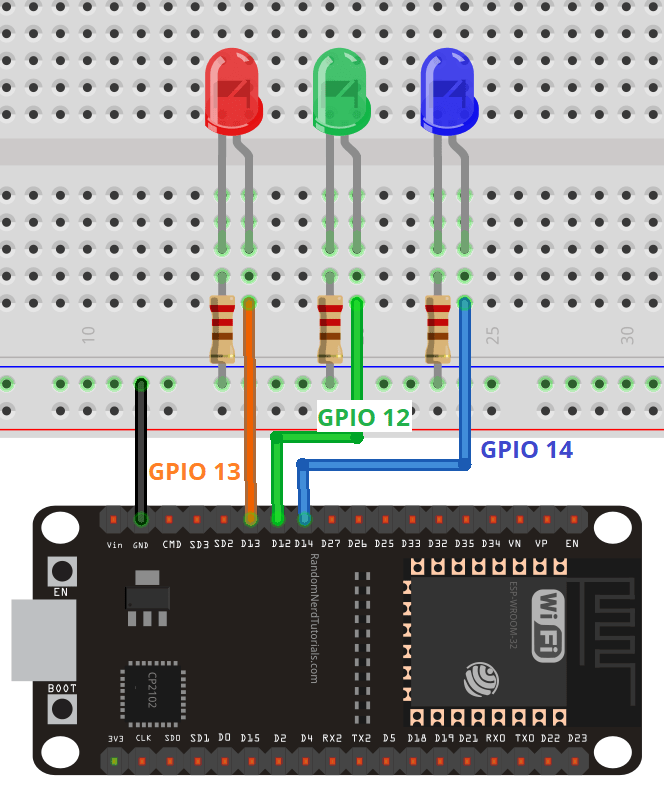 Схема подключения ESP32 с тремя светодиодами