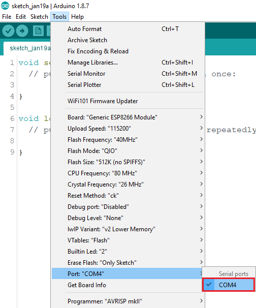 Выбор COM-порта ESP8266 в Arduino IDE