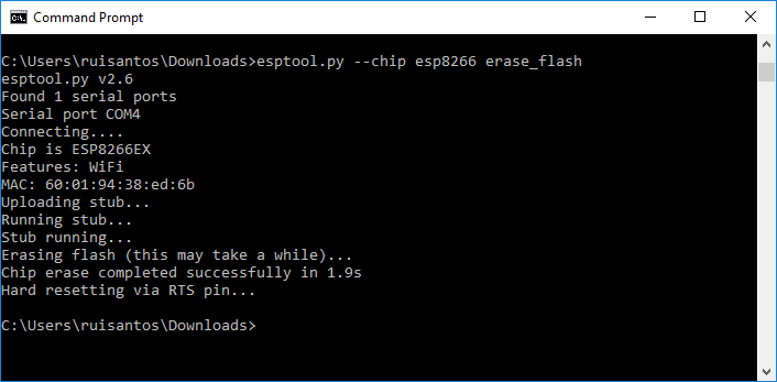Успешная очистка флеш-памяти ESP8266