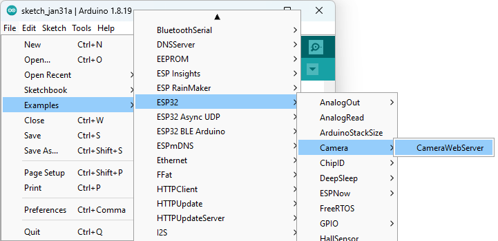 Arduino IDE — пример CameraWebServer