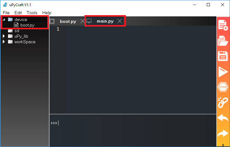 Файл main.py создан в uPyCraft IDE
