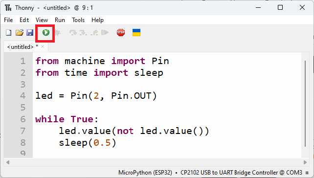 Скрипт мигания светодиодом в Thonny IDE с выделенной кнопкой Run
