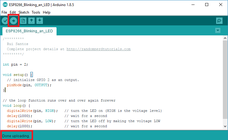 Загрузка скетча на ESP8266 с помощью Arduino IDE завершена