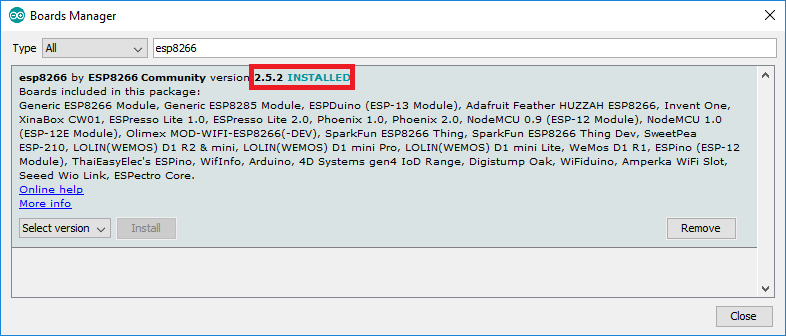 Дополнение платы ESP8266 в Arduino IDE установлено