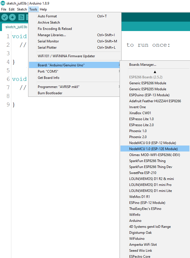 Установка дополнения платы ESP8266 в Arduino IDE - выбор платы