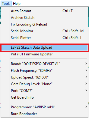 ESP32 Sketch Data Upload в Arduino IDE SPIFFS FS Filesystem