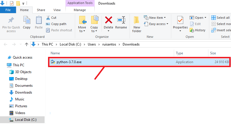Открытие установщика Python для Windows